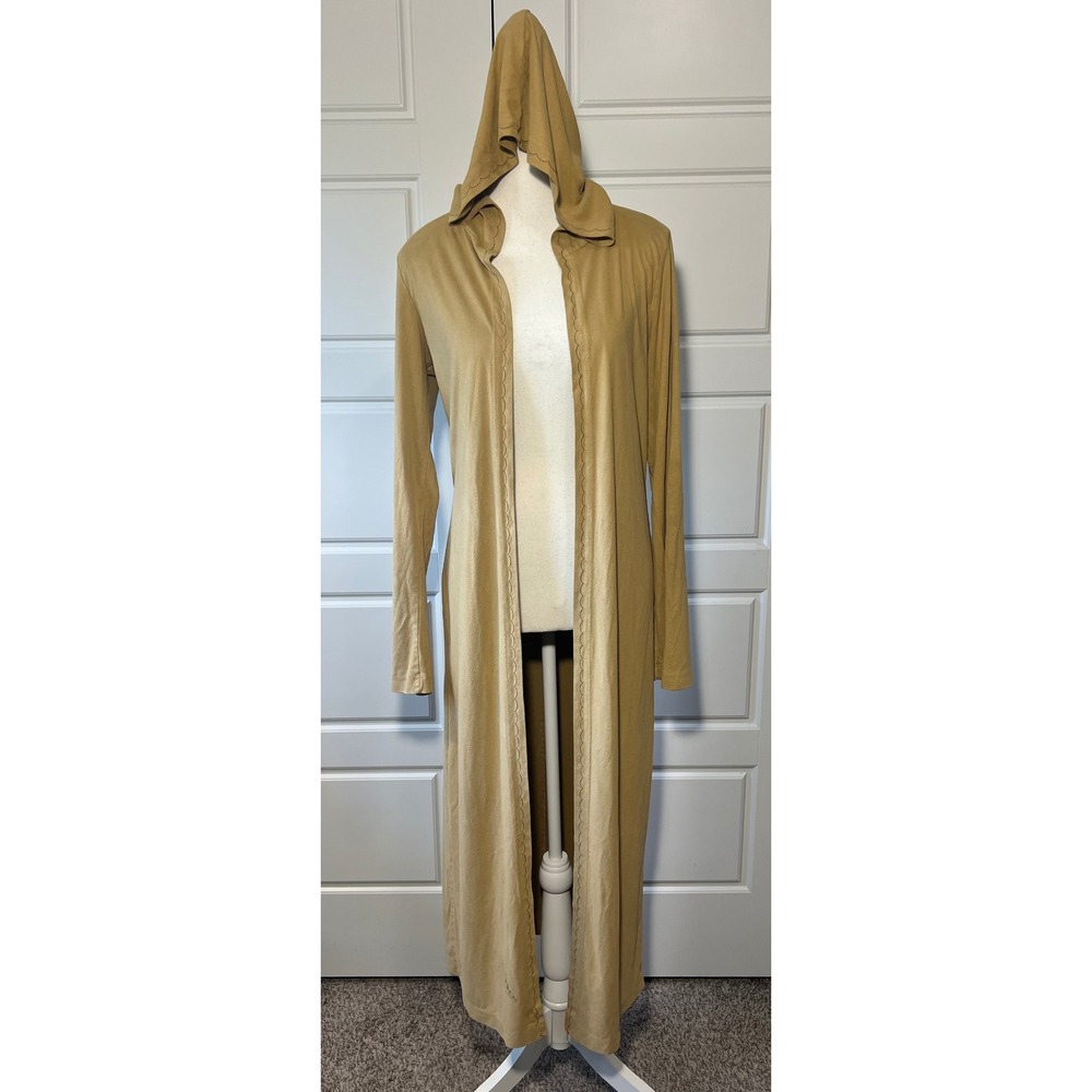 Fumblin' Foe Duster Cardigan Hooded‎ Long Sleeve Open Front Faux Suede Tan S